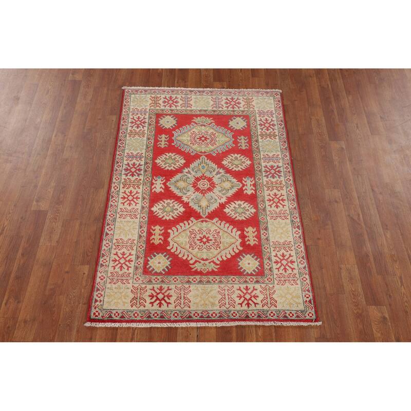 Geometric Red Kazak Oriental Accent Rug Handmade Wool Carpet - 3'3" x 5'0"