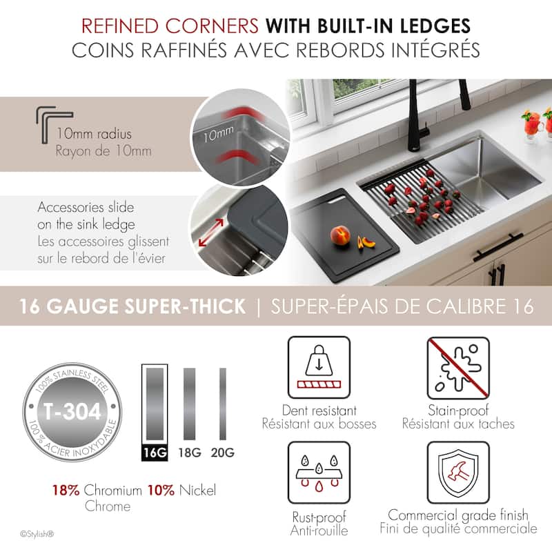 Undermount 25 inch Stainless Steel Single Bowl Workstation Kitchen Sink with Black Accessories Handmade