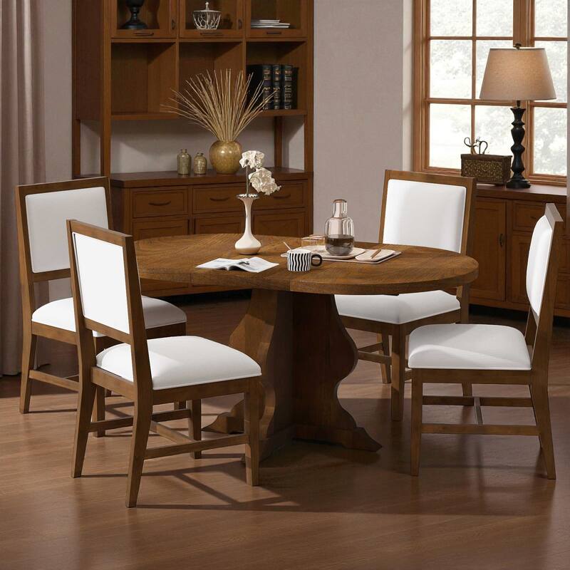 Farmhouse 5-Piece Extendable Dining Table Set, 42.5"-58.2" Wood Table with 15.7" Leaf and 4 Upholstered Chairs