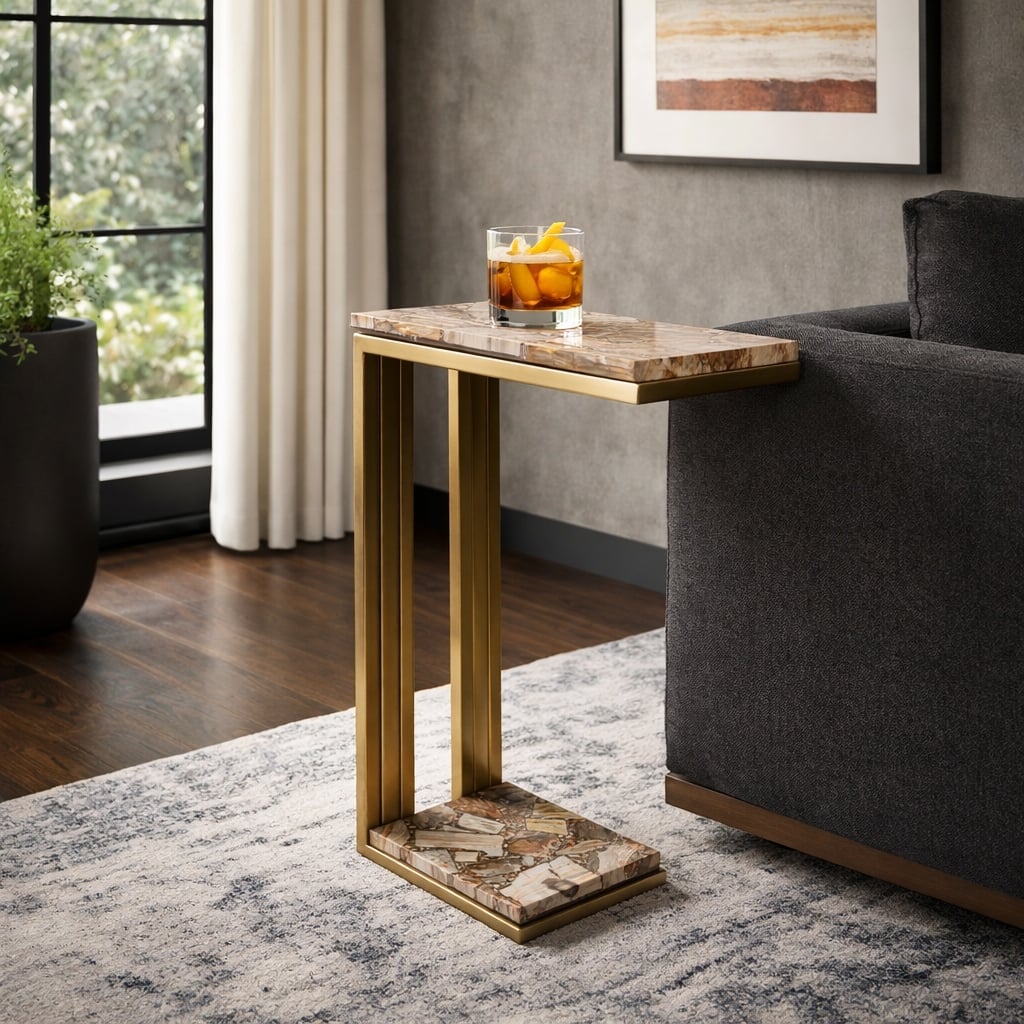 Petrified Wood Side Table with C-Shape Base - 24", Gold - 24.0"