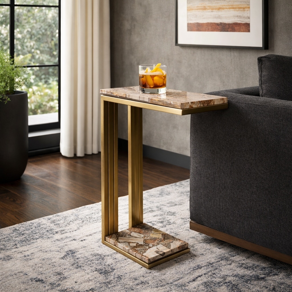 Petrified Wood Side Table with C-Shape Base - 24", Gold - 24.0"