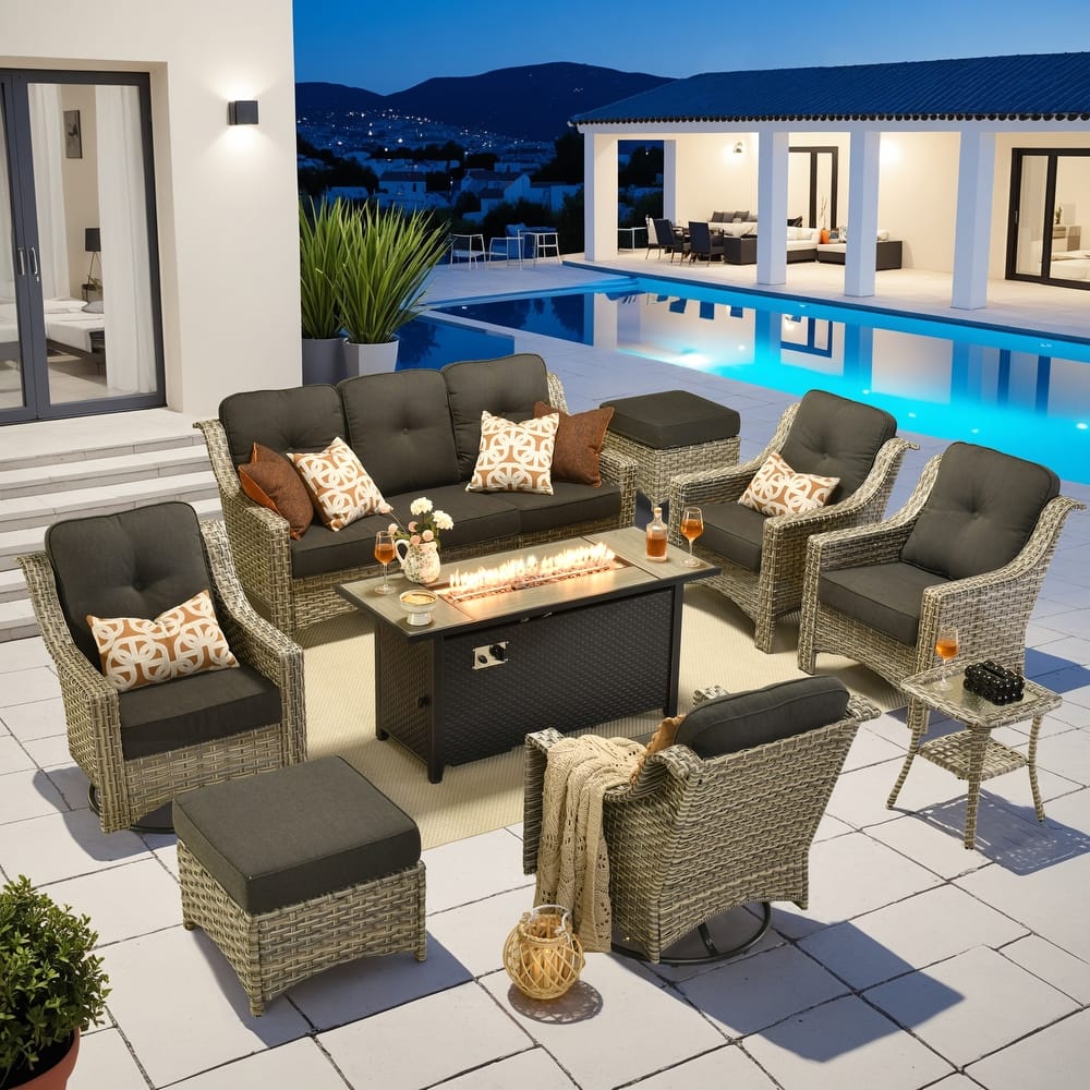 OVIOS 9 Pieces Outdoor Swivel Chairs Set with 54" Fire Table​