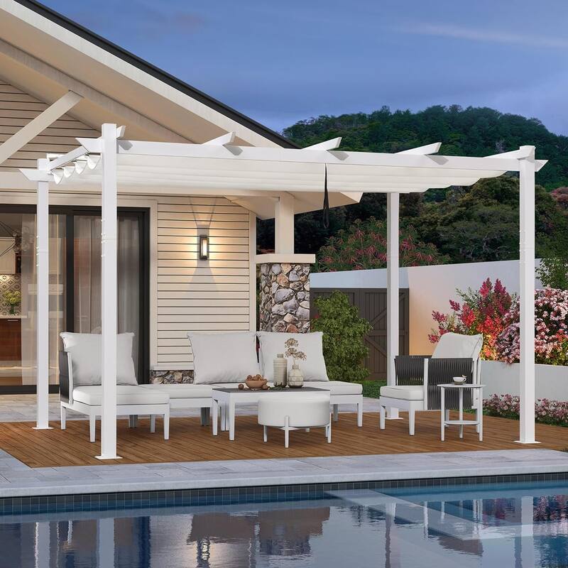 PURPLE LEAF Gazebo Outdoor Retractable White Heavy-Duty Aluminum Pergola with Extra Top Roof