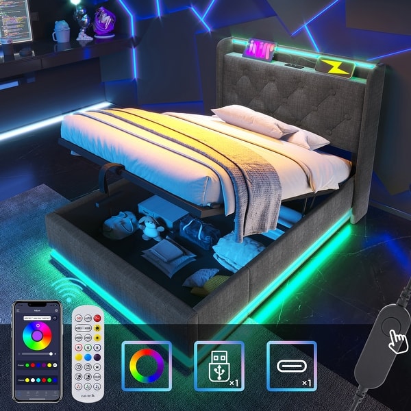 slide 2 of 46, Lift Up Storage Platform Bed with USB Ports on Linen/PU Upholstered Headboard, 360° LED Low Profile Bed Frame, Remote Control Gray + Linen + Twin - Twin