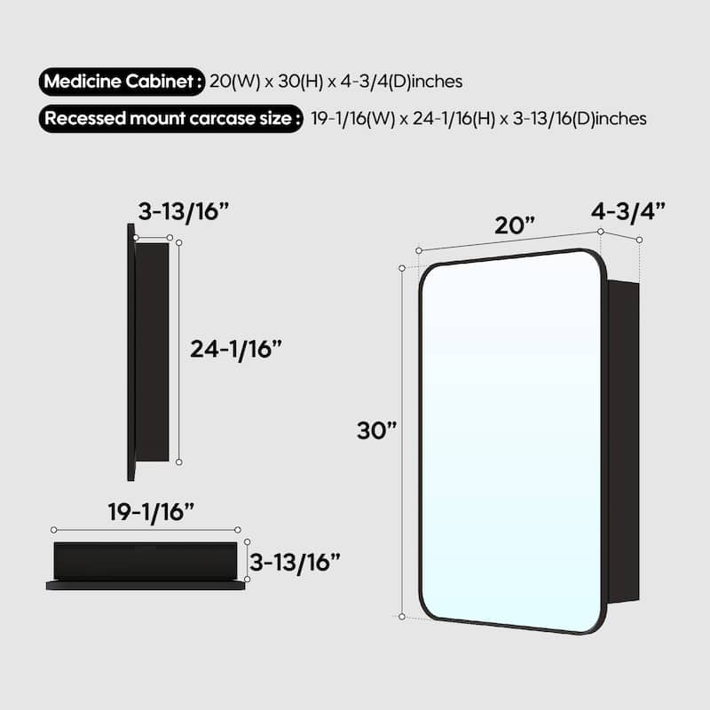 Recessed or Surface Wall Mount Bathroom Mirror Medicine Cabinet With Adjustable Glass Shelves