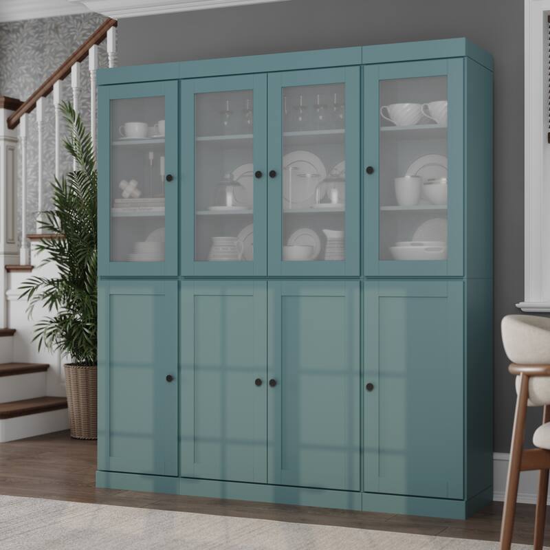 Palace Imports 100% Solid Wood 65" Pantry Cabinet with Frosted Glass, Shaker Doors and Adjustable Shelves - Aqua Blue