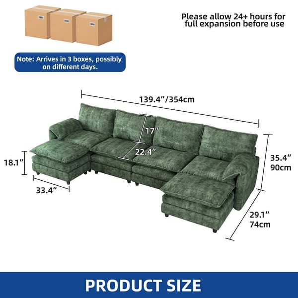 dimension image slide 1 of 3, Moasis 142 Inch Modular Velvet Sectional Sofa with Movable Ottoman and Pillow Armrest for Living Room
