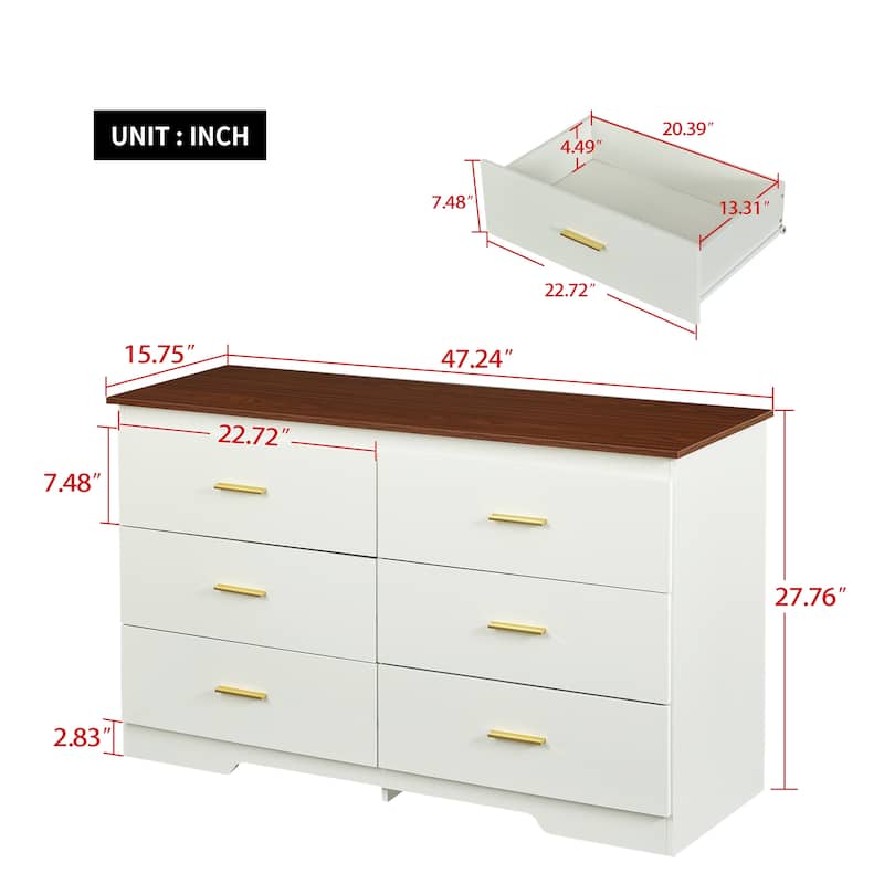 Modern Buffet Cabinet with 6 Storage Drawers and Gold Metal Handles for Dining Room, Living Room, Kitchen