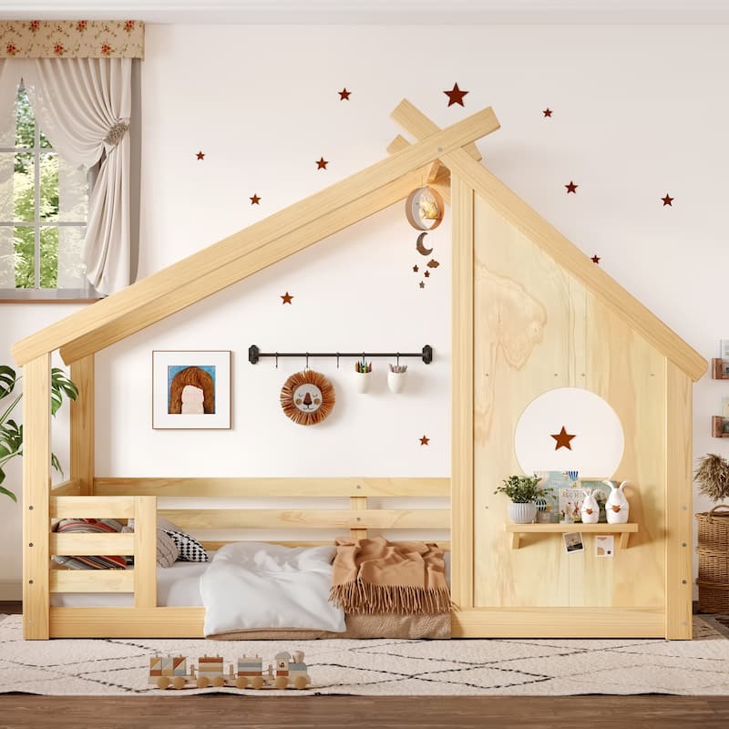 Full/Twin Size House Floor Bed with Window & Shelf, Solid Wood House-Shaped Design