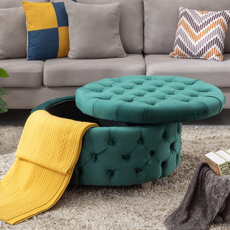 29.5" Wide Velvet Tufted Round Ottoman With Storage - Dark Green