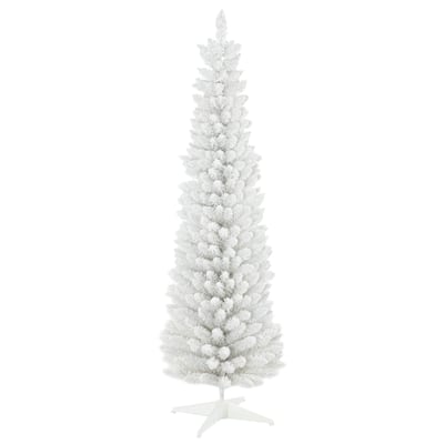 Snow Flocked Artificial Pencil Christmas Tree, Slim Xmas Tree With Realistic Branches And Plastic Base Stand