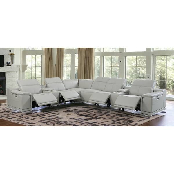 Gray Italian Leather Power Reclining U Shaped Eight Piece Corner Sectional With Console Gray Italian Leather Power Reclining U Shaped Eight Piece Corner Sectional With Console
