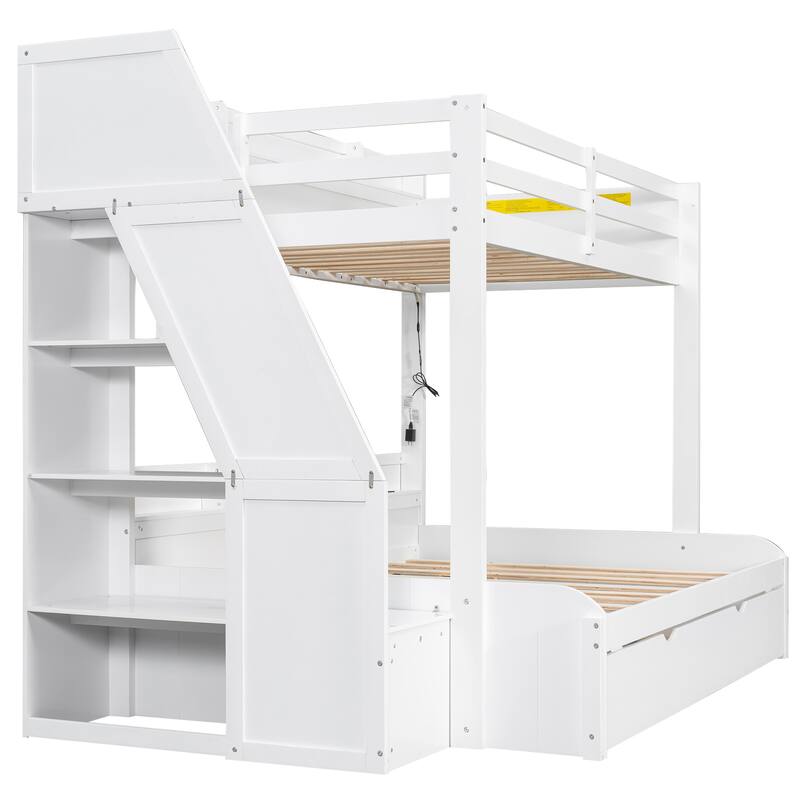 Twin Over Full Size Bunk Bed with Built-in 3-in-1 Storage Shelves and Charging Station, Pull-out Trundle, Storage Staircase