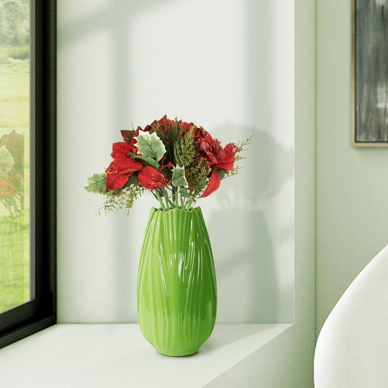 Allan Andrews Contemporary Glossy Green Curved Detailed Ceramic Vase