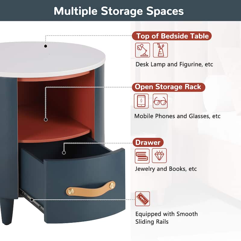 Round Nightstand with Drawer & Open Shelf, Nightstand with Leather Handle & Tapered Legs, Large Capacity Sofa Side Table