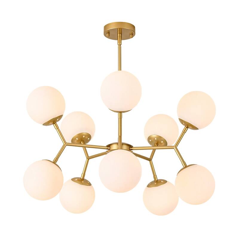 Mid-Century 10-Light Milky Glass Globe Round Branched Chandelier