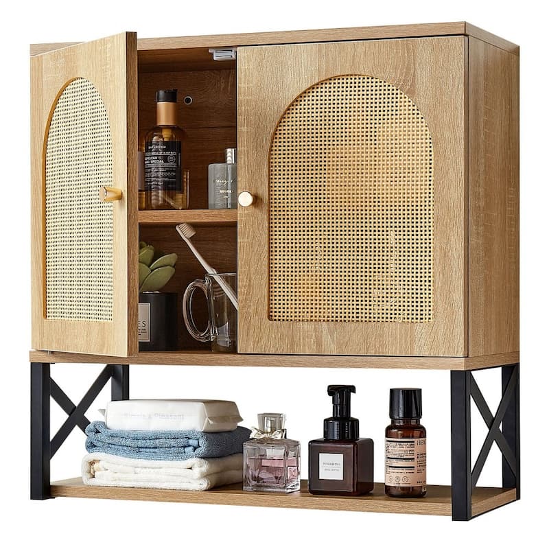 Natural Bathroom Wall Cabinet with Adjustable Shelf 3-Layer Storage for Bottles or Toiletries - 23” x 10” x 23”