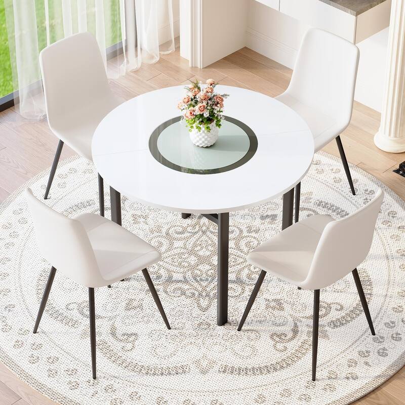 5 Piece Dining Table Set with 42 Inch Round MDF Top Glass Insert 4 PU Chairs - White+Black