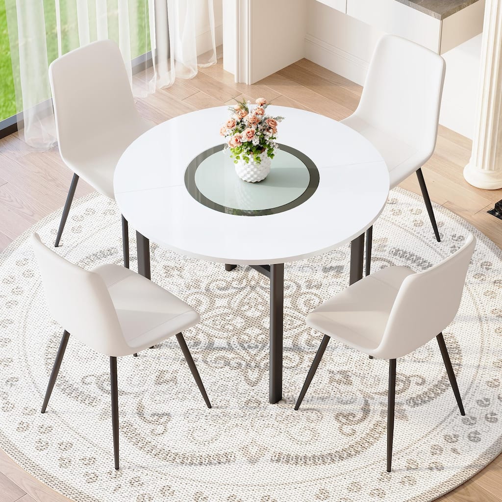 5 Piece Dining Table Set with 42 Inch Round MDF Top Glass Insert 4 PU Chairs