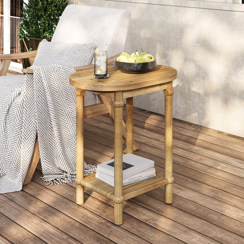 2-Tier Solid Wood End Table with Storage Shelves, Side Accent Table Nightstand for Living Room Bedroom - LightBrown