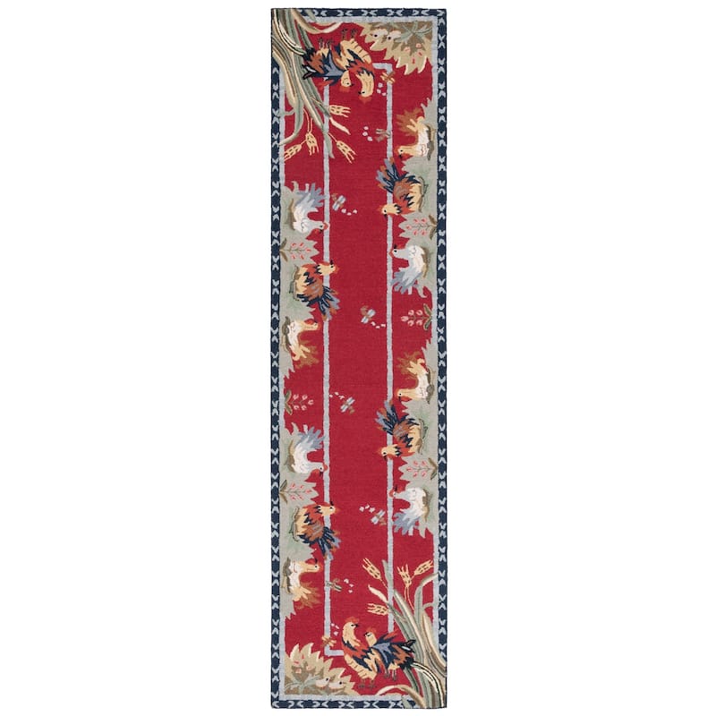 SAFAVIEH Handmade Chelsea Yauheniya French Country Rooster Wool Rug - 2'6" x 8' Runner - Burgundy
