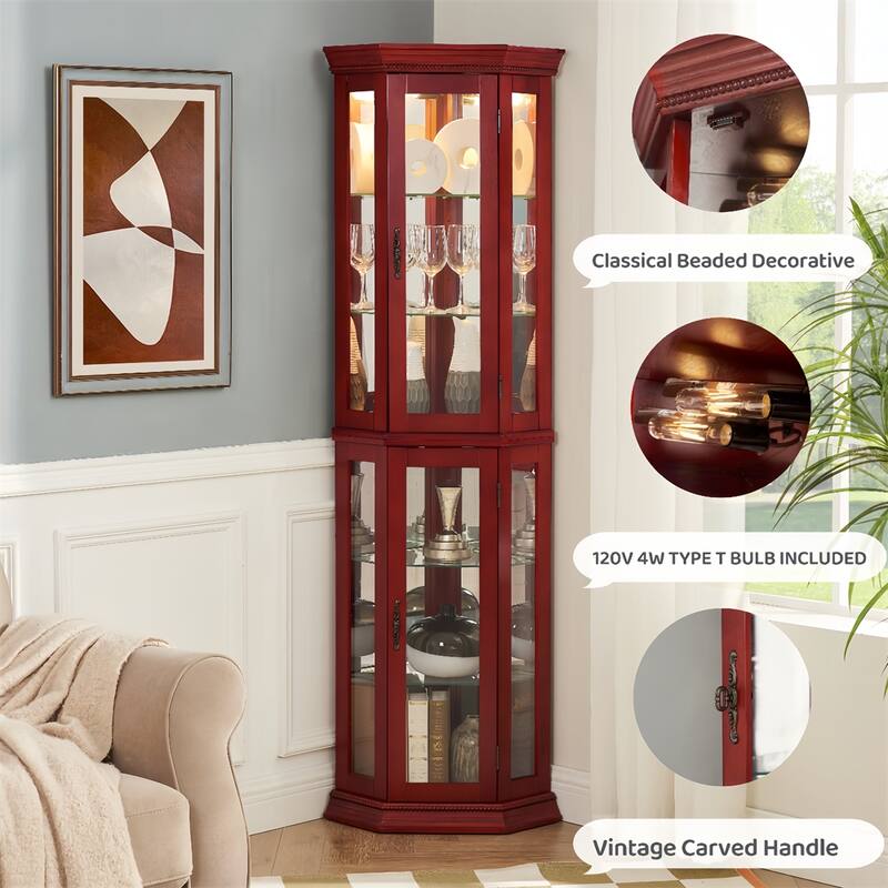 Lighted Corner Display Cabinet with Glass Adjustable Shelf