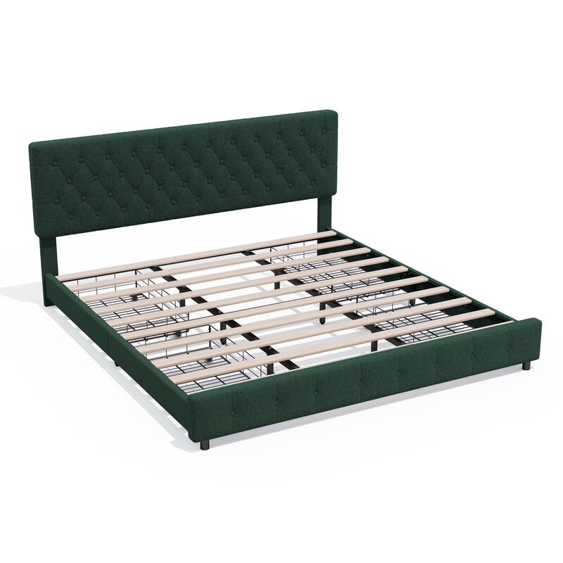 Linen Upholstered Headboard Bed Frame with Large Hidden Storage, 4 Underbed Drawers with Pulleys - Dark Green - King