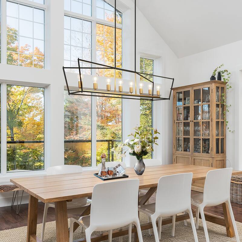 Modern Farmhouse 8-Light Black Gold Chandelier Airy Frame Kitchen Island Light - W 55.1" x D 14.5" x H 12.7"