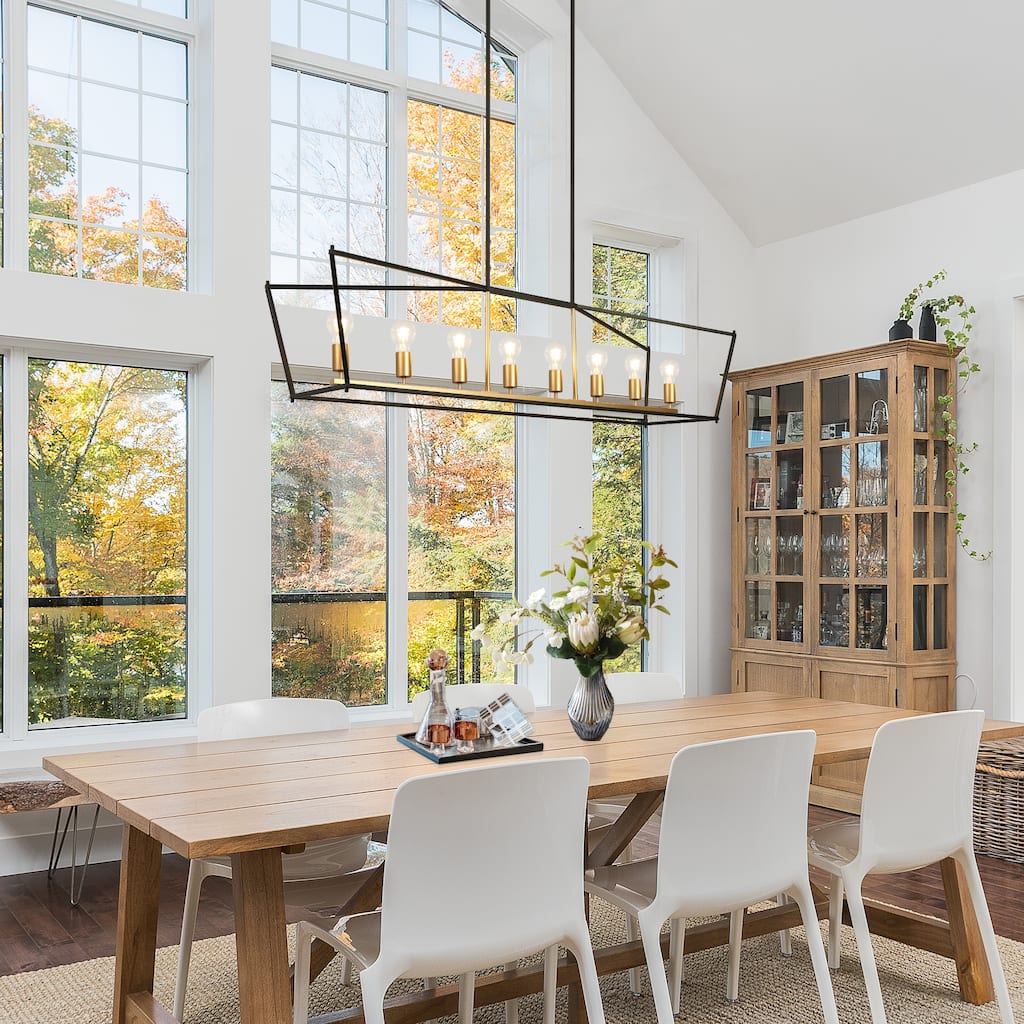 Modern Farmhouse 8-Light Black Gold Chandelier Airy Frame Kitchen Island Light - W 55.1" x D 14.5" x H 12.7"