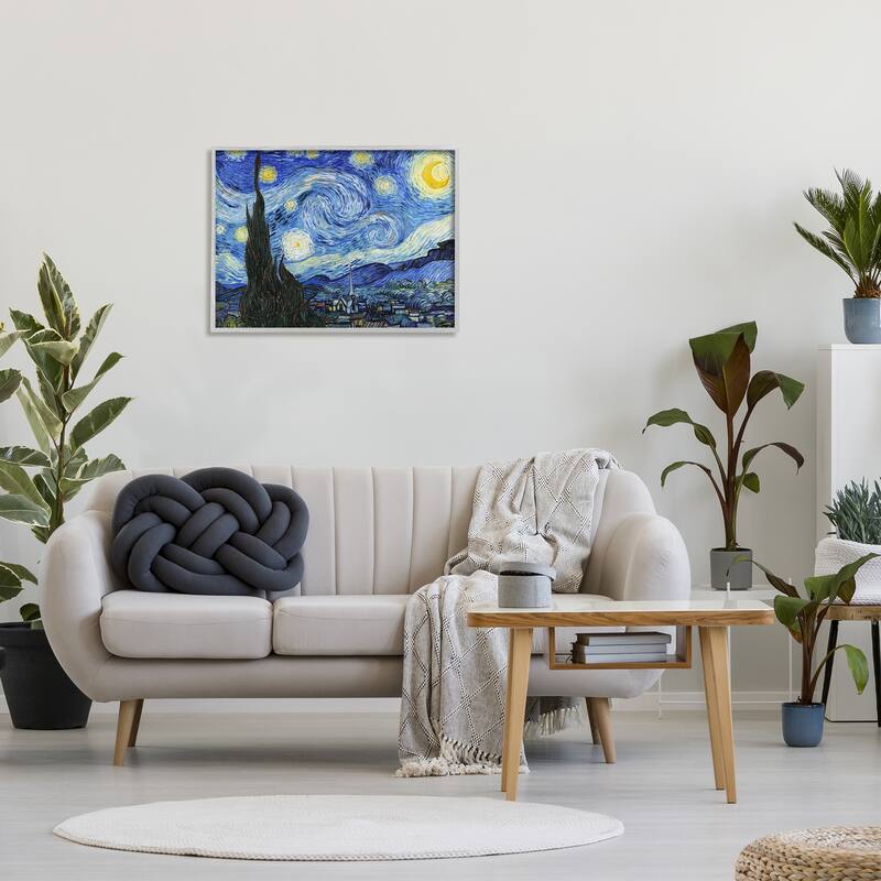 Stupell Van Gogh Starry Night Post Impressionist Painting Framed Giclee Texturized Art by Vincent Van Gogh