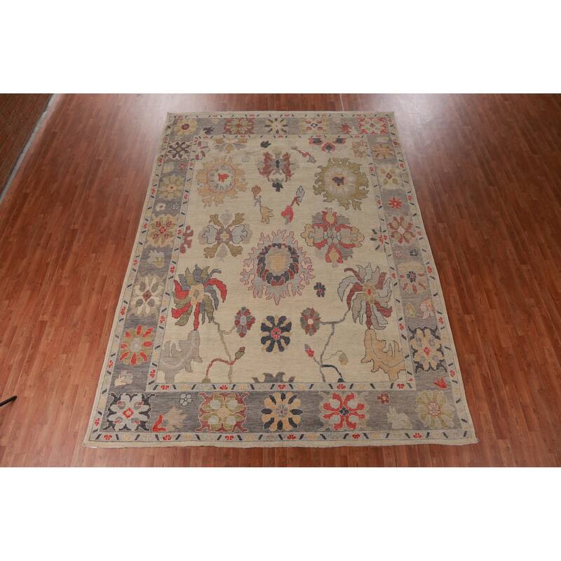 Hand Knotted Oriental 100% Wool Carpet Transitional All-Over Beige & Ivories Oushak Area Rug - 12' 5'' X 9' 1''