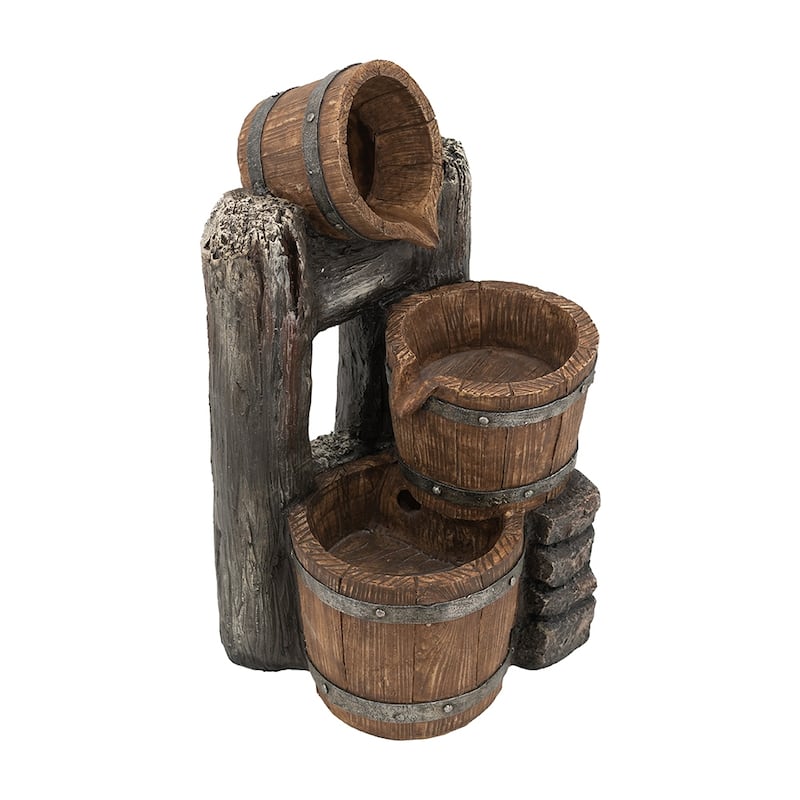 10.4x9.4x19.1" Decorative 3 Tier Bucket Fountain with Lights and Pump, Brown - Lighted