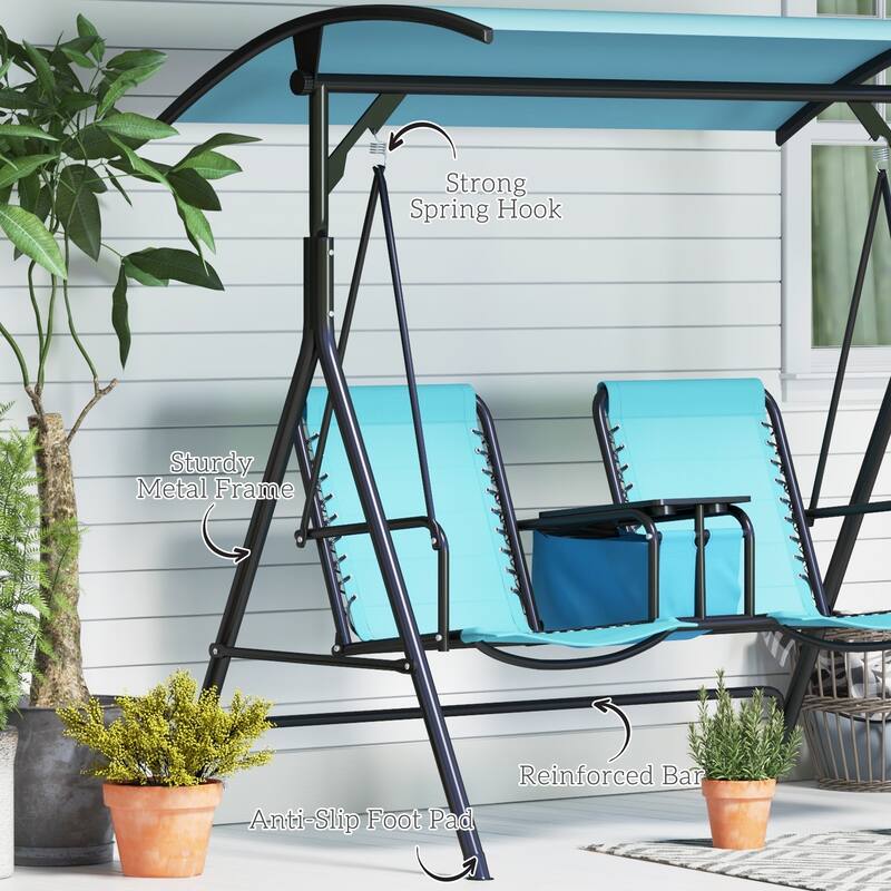 Outsunny 2-Seat Patio Swing Chair, Outdoor Canopy Swing Glider with Pivot Storage Table, Cup Holder, Adjustable Shade, Bungie