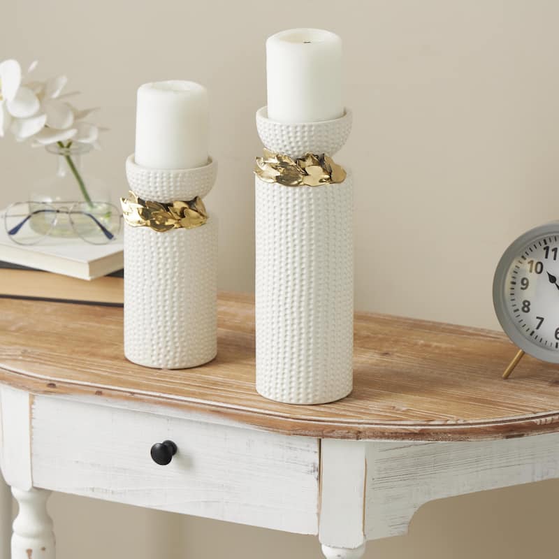 Ceramic Decorative Candle Holder with Abstract Spotted Pattern and Gold Leaf Accents - Set of 2 White - Roche River Decor