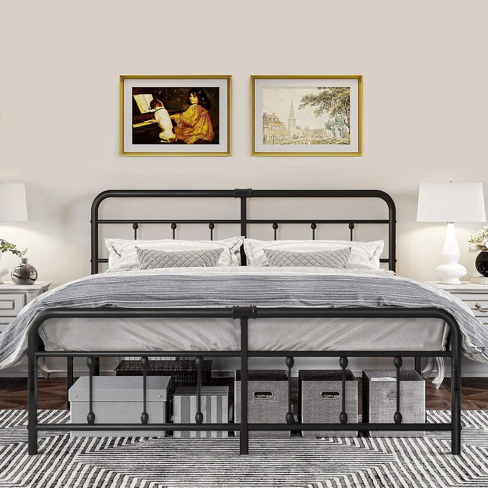 VECELO Black Metal Bed Frame with Vintage Headboard and Footboard No Box Spring Needed Premium Stable Steel Slat Support