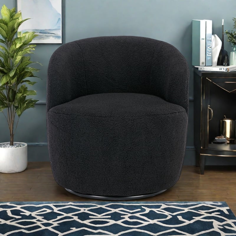 Wool Swivel Barrel Chair 360° Rotating Accent Chair with Metal Base - Black