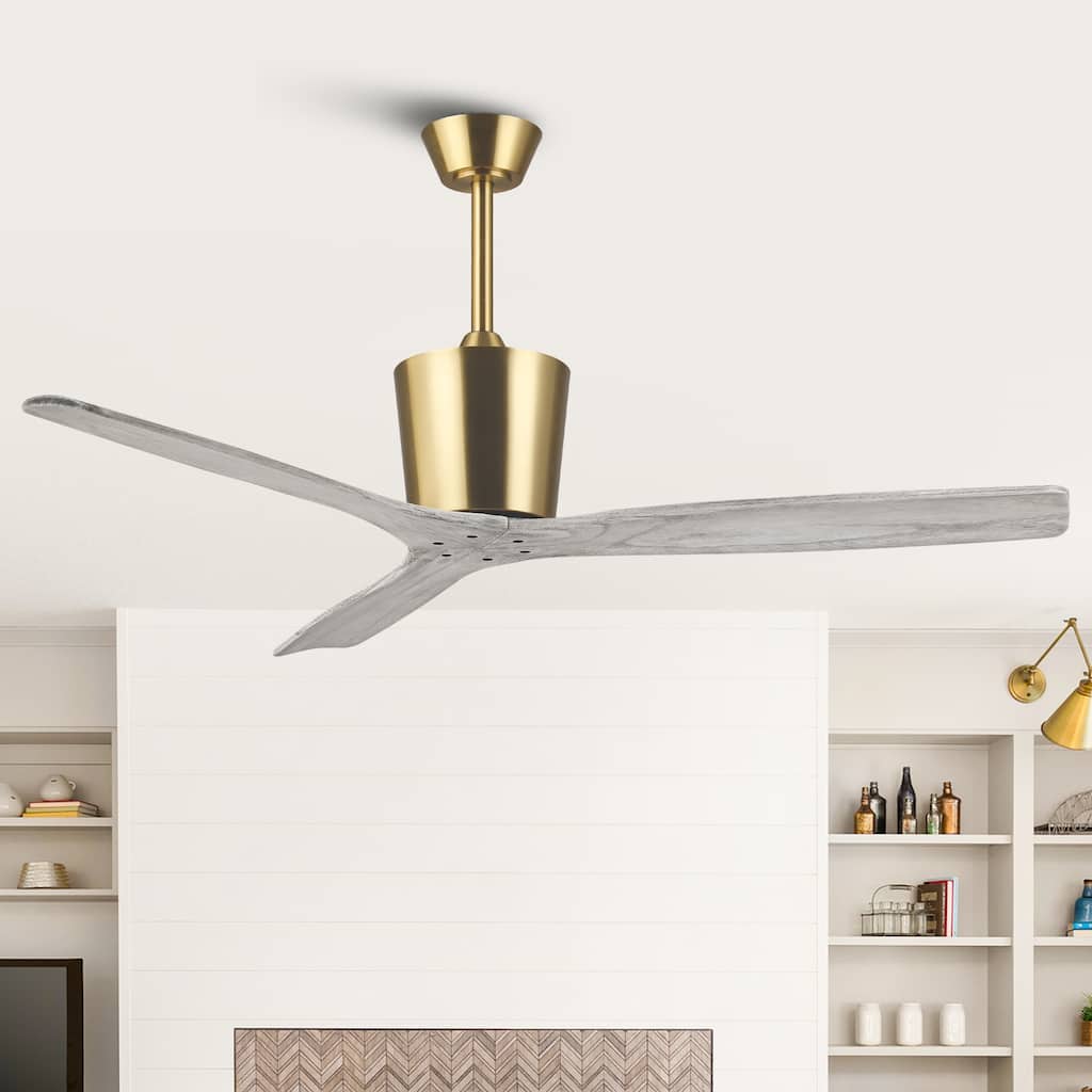 54" Modern Gold Solid Wood 3-Blade Indoor Outdoor Ceiling Fan with Remote, No Light