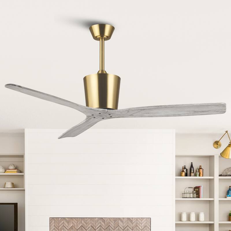 54" Modern Gold Solid Wood 3-Blade Indoor Outdoor Ceiling Fan with Remote, No Light - Gold