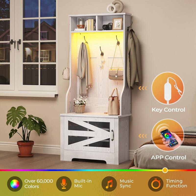 Hall Tree w/ Bench Shoe Storage Shoe Cubby Barn Door Adjustable Shelf