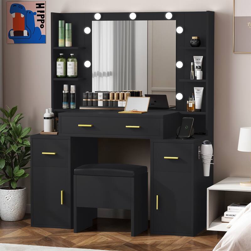 Moasis Makeup Vanity Desk with Lighted Mirror and Upholstered Stool