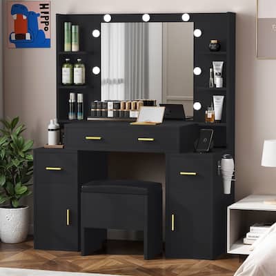 Moasis Makeup Vanity Desk with Lighted Mirror and Upholstered Stool