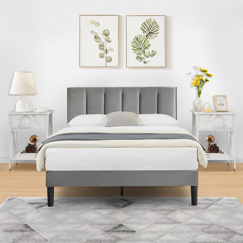 VECELO 3-Pieces Bedroom Sets Upholstered Bed Frame and Nightstands Set of 2 Dark Grey Platform Bed Frame - White - Full