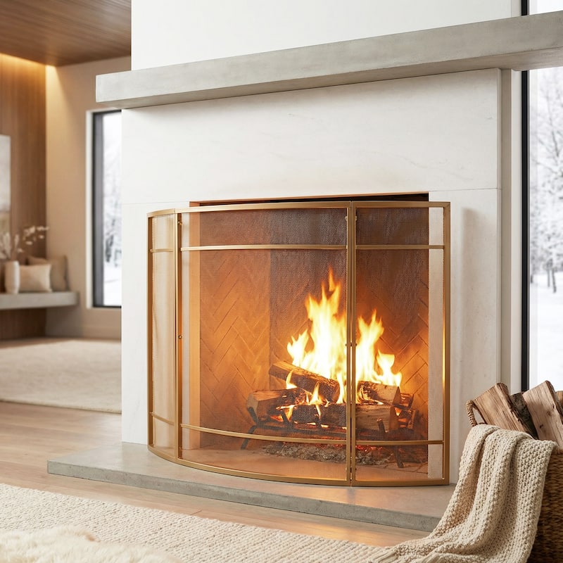 Christopher Knight Home - Regina Modern Iron Fireplace Screen with Curved Arc Design - 38" W x 32" H - Golden