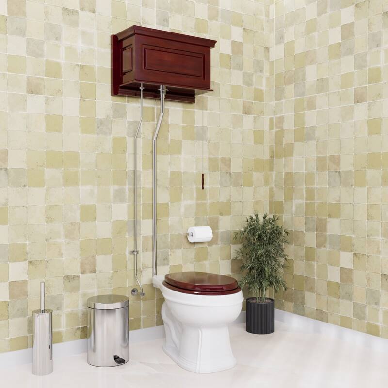 Cherry Wooden High Tank Toilet Raised Tank, Elongated White Bowl and Chrome L Pipes