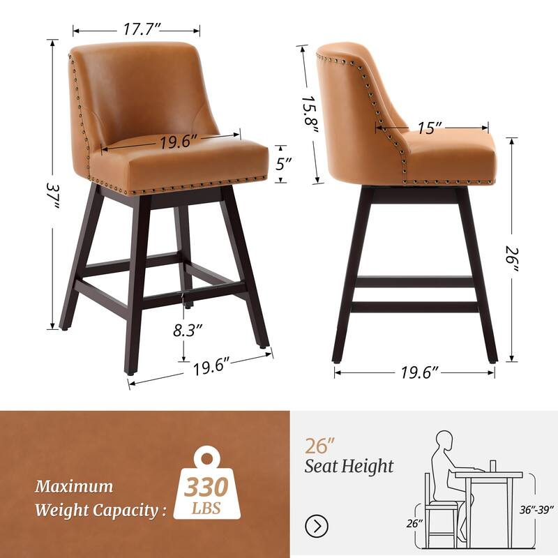 26 in. Fabric Upholstered Counter Height Swivel Bar Stool with Footrest - 19.6"D x 19.6"W x 37"H