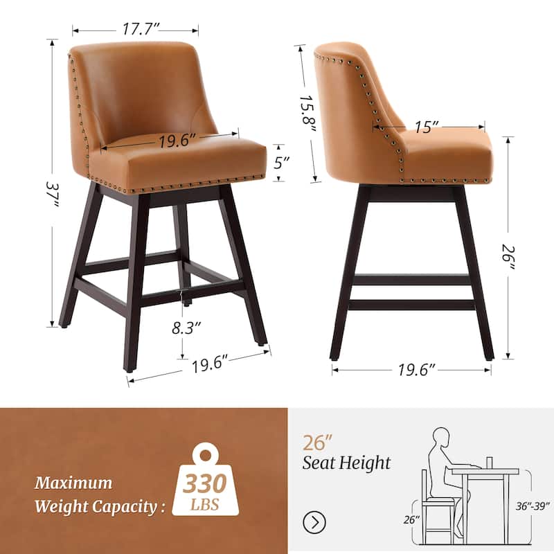 26 in. Counter Height Upholstered Wood Frame Swivel Bar Stool with Farbic Seat Set of 2 - 19.6"D x 19.6"W x 37"H