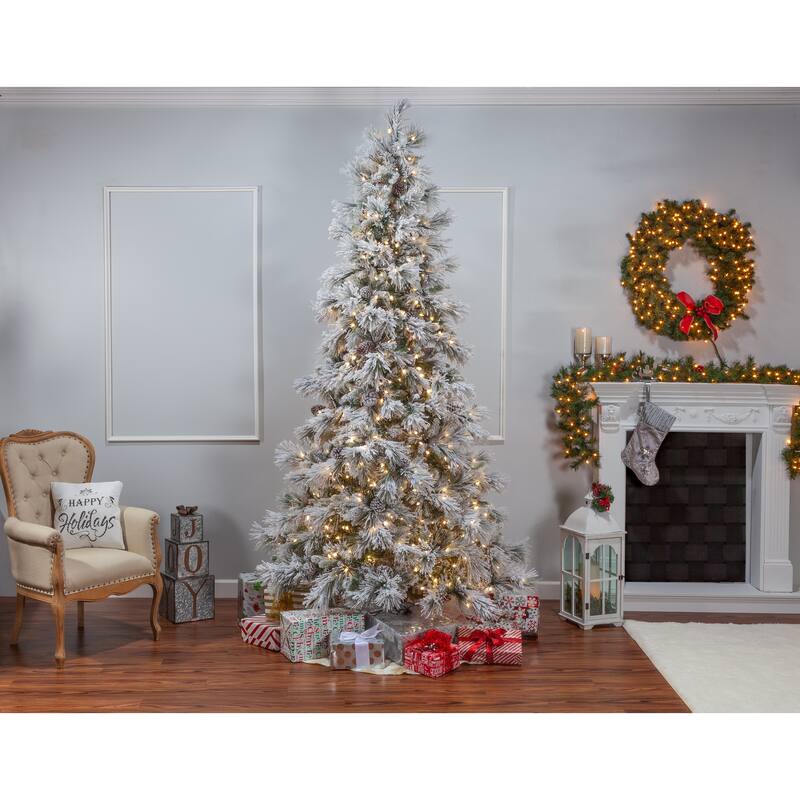 9 Foot Pre Lit Lightly Flocked Snowbell Pine with 900 Twinkling Lights - N/A
