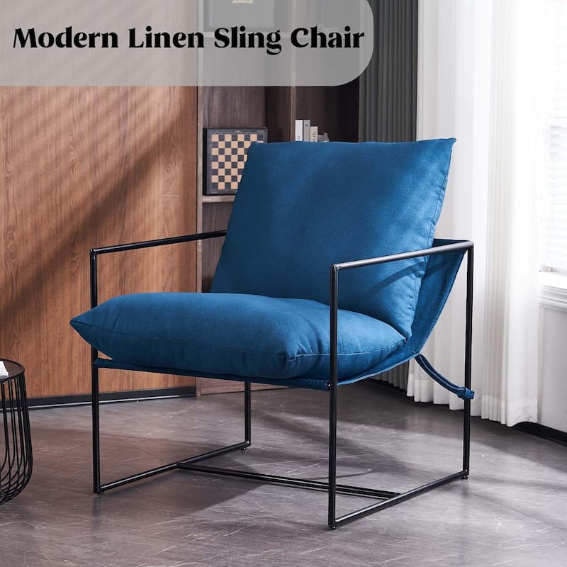 Modern Accent Linen Sling Chair Indoor for Living Room Bedroom and Office Metal Framed Armchair with Soft Bag Cushion