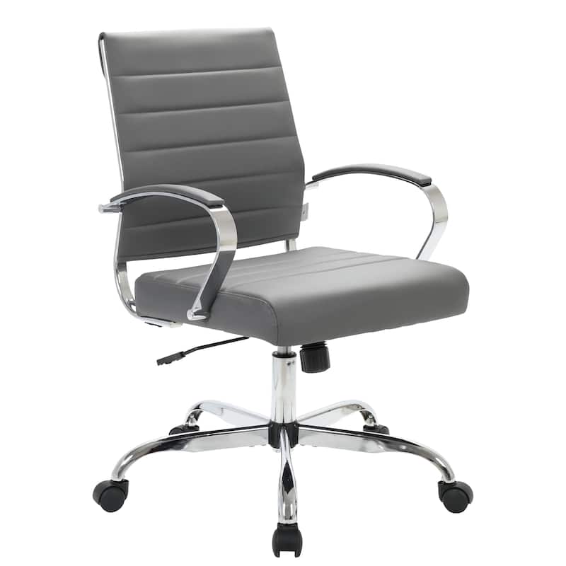 Benmar Leather Ribbed Office Chair with Chrome Frame, Adjustable Height, Tilt Lock, 360° Swivel, and Smooth Rolling Casters - Grey