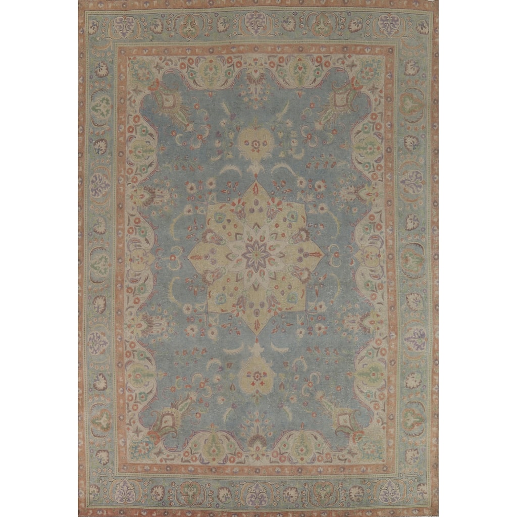 Blue Tabriz Persian Vintage Rug Hand-Knotted Wool Carpet - 9'9" x 13'1"